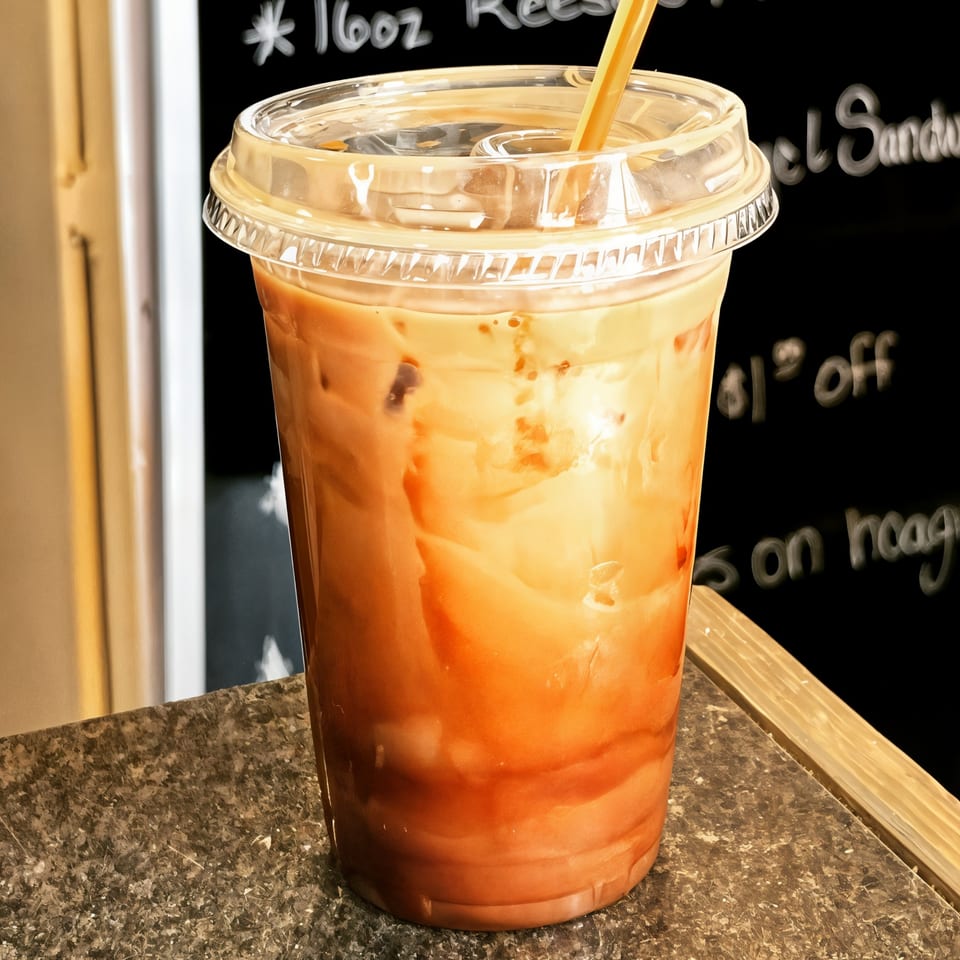 Iced coffee with cream and a straw in a plastic cup on a counter at Newman's Pour and Pies.