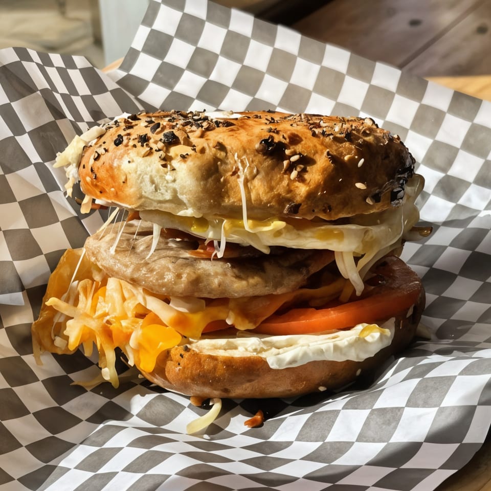 A bagel sandwich with melted cheese, tomato, and other fillings on checkered paper.