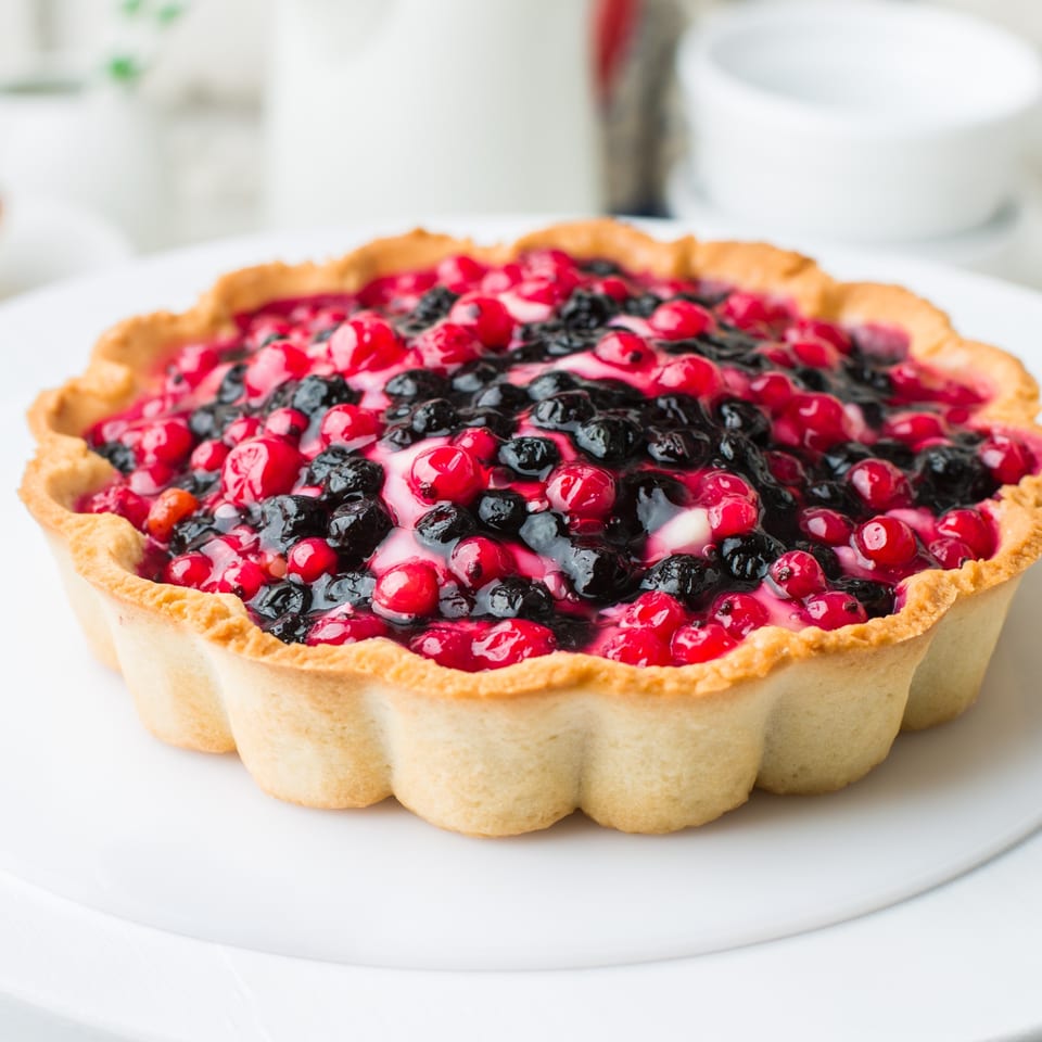 A vibrant berry tart with red currants and blueberries, on a white plate at Newman's Pour and Pies.